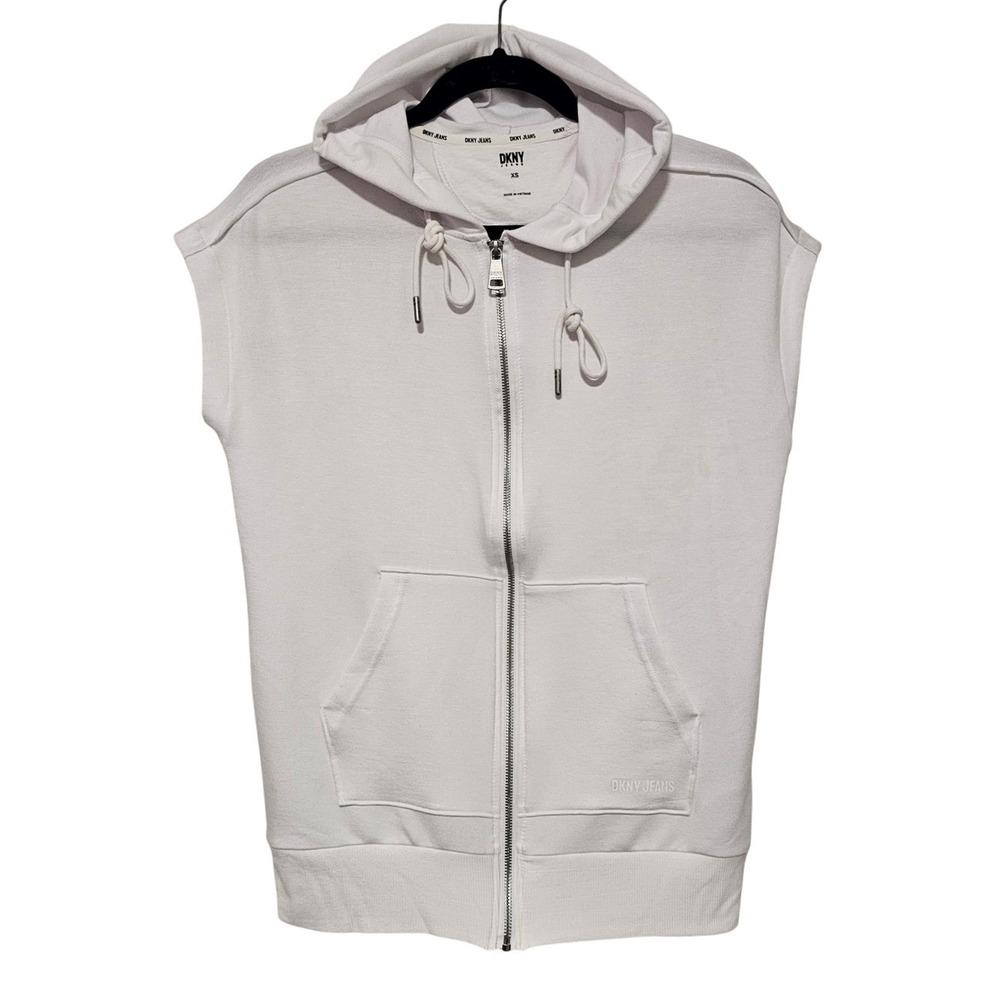 DKNY Jeans Sleeveless Hoodie XS White Full Zip Athleisure Vest Cap Sleeve Prep ~